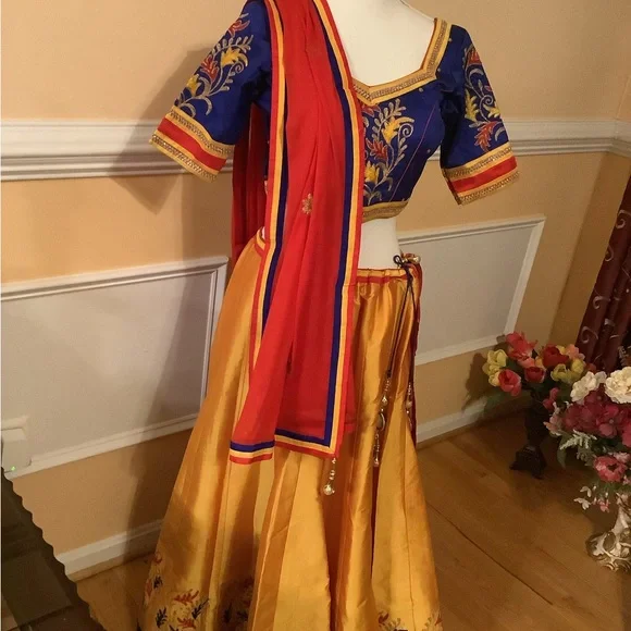 Vibrant Blue and Yellow Embroidered Lehenga Choli - Picture 6 of 12